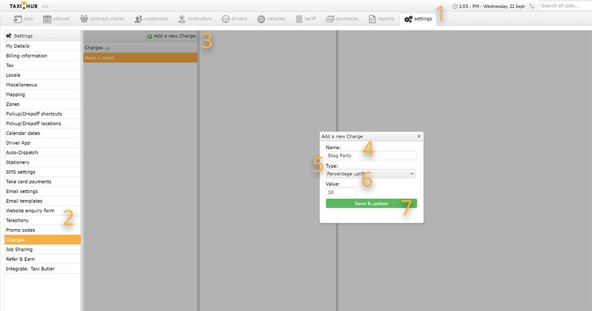 Follow these steps to add charges to Taxi Hub
